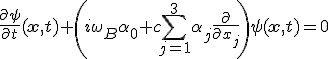LaTeX:  \frac{\partial\psi}{\partial t} (\mathbf{x},t) + \left(i\omega_B\alpha_0 + c \sum_{j = 1}^3 \alpha_j \frac{\partial}{\partial x_j}\, \right) \psi (\mathbf{x},t) = 0